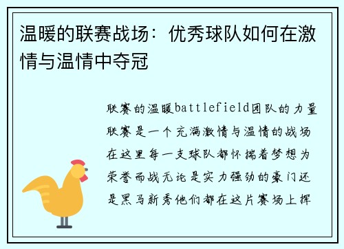 温暖的联赛战场：优秀球队如何在激情与温情中夺冠