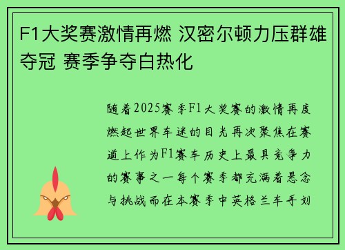 F1大奖赛激情再燃 汉密尔顿力压群雄夺冠 赛季争夺白热化