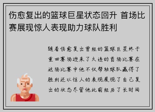 伤愈复出的篮球巨星状态回升 首场比赛展现惊人表现助力球队胜利